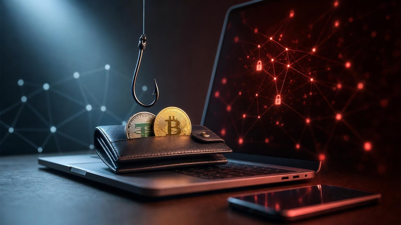 A user verifies a crypto exchange domain, BTC address, USDT network, and transaction details before approving a transfer.
